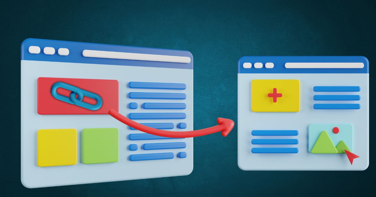 Ilustração de duas janelas de site conectadas por uma seta, representando um link entre páginas diferentes